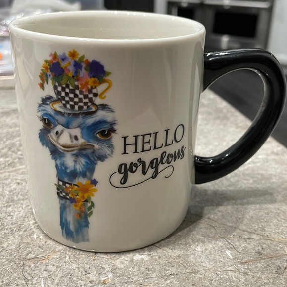 “Hello Gorgeous” ostrich bird lady whimsical coffee mug - Picture 1 of 5